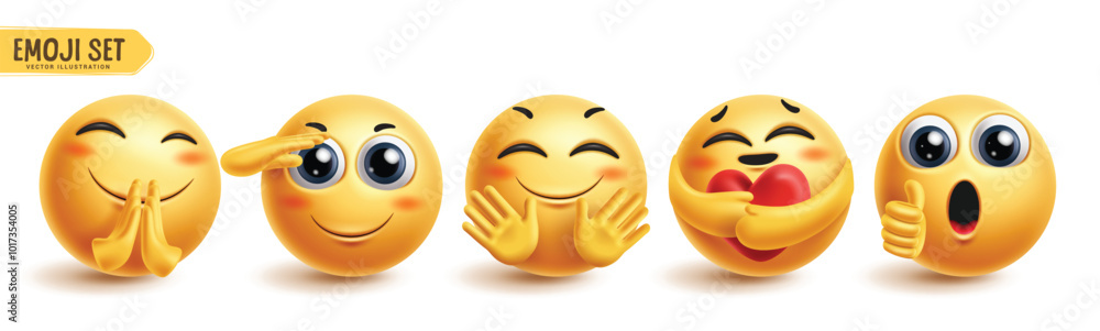 Wall mural emoji friendly emoticon characters vector set. emojis yellow 3d character in happy, clapping, salute