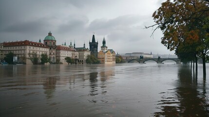 Fototapeta premium Impact of Storm Boris: Elevated Water Levels on the Vltava River in Prague, Czech Republic, on September 16, 2024