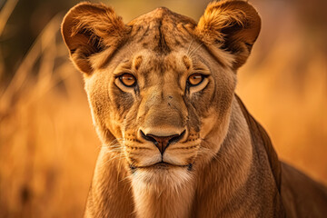 Lion is laying in the grass with its head up.