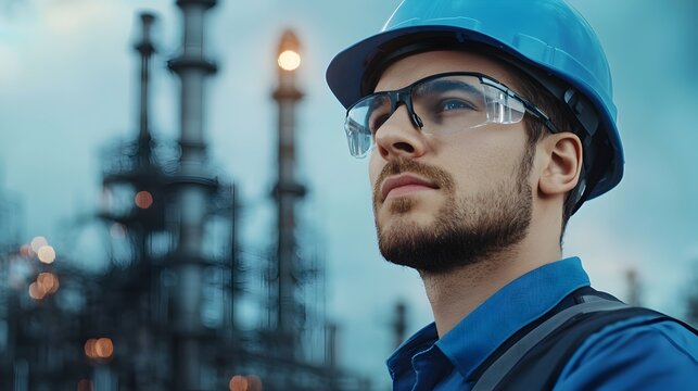 Portrait of an engineer wearing glasses and a helmet standing in front of a power plant showcasing expertise in a modern factory setting with a cybernetic tone and monochromatic color scheme