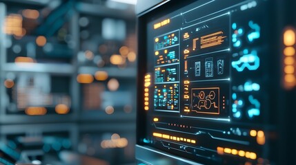 Fototapeta premium Futuristic AI controlled space station interior with glowing holographic control panel displaying advanced digital information and data in a simulated virtual environment