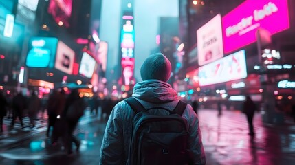 Futuristic AI enhanced digital advertising billboards and projections illuminate the neon lit holographic skyline of a cutting edge technologically advanced urban metropolis  Immersive