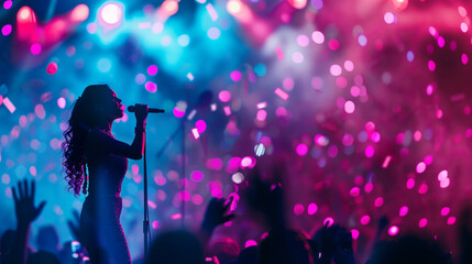 An electrifying female rockstar performing live on stage at a concert