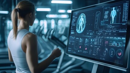 The image depicts a futuristic AI driven personalized fitness setting showcasing holographic health data analytics and advanced innovative gym equipment designed to enhance the modern