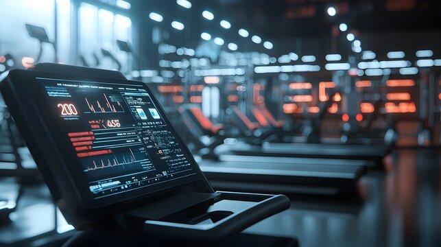 Innovative AI powered futuristic fitness experience with holographic data visualization personalized smart gym equipment and advanced health tracking capabilities for an immersive tech driven workout