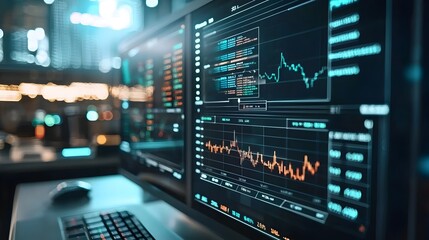 Fototapeta premium AI powered digital financial trading and analytics platform with transparent screens displaying real time data charts and market information for investment decision making and portfolio management