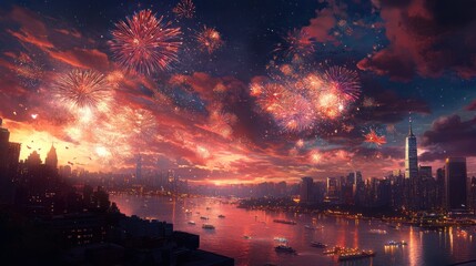 Fototapeta premium Fireworks over City Skyline