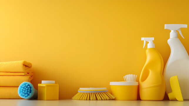 fondo amarillo con espacio de copia con articulos de limpieza para mantener la higiene y el mantenimiento del orden