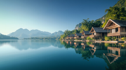 Fototapeta premium The atmosphere of the riverside landscape is a clear sky, reflections on the water, and tall mountains. generative ai image.