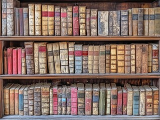 Close up of a wooden bookshelf with many vintage books.