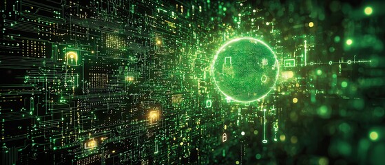Obraz premium Futuristic abstract background with green glowing circuit board and a glowing sphere.
