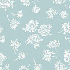 Roses. Flowers Seamless Vector White Blue Pattern. Rose Flowers and Leaves. Monochrome Vintage Floral Background