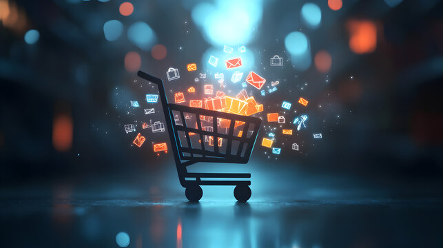 un carrito de compras digital con iconos de productos en el ciberespacio para facilitar las compras al consumidos en el supermercado web