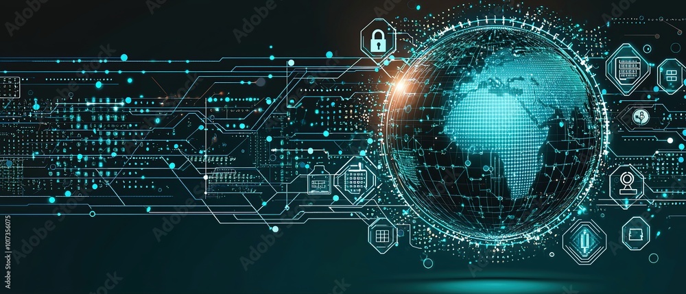Poster abstract digital illustration of a globe with futuristic technology and data flow.