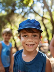 A boy smiles for the camera while wearing a blue hat. AI.