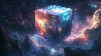 A glowing cube, reminiscent of a nebula, floats in space.