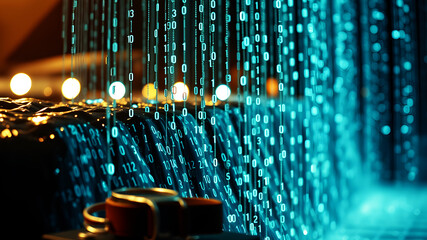 Streams of binary code cascading like a waterfall, signifying the underlying data that drives digital business operations
