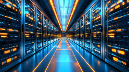 Futuristic server room with glowing lights and data racks.