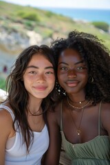 Fototapeta premium Two friends smiling and looking at the camera. AI.