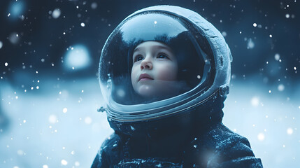 un niño con casco y traje de astronauta soñando e imaginando fantasía y aventuras infantiles soñando con el universo y el espacio 