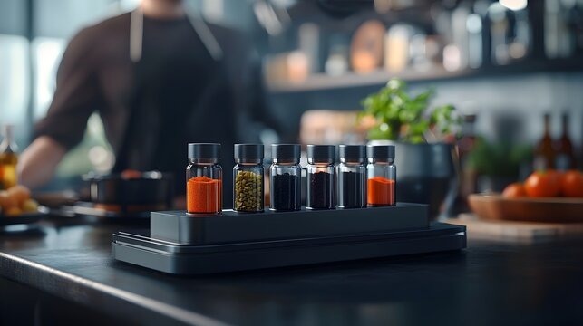 Futuristic digital spice rack with advanced holographic cooking assistant designed for the smart and automated kitchen of the future  This innovative appliance seamlessly integrates technology