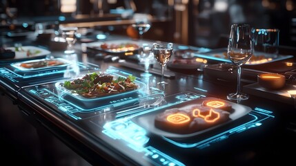 Futuristic augmented reality dining table featuring glowing holographic utensils that provide an immersive and interactive culinary experience