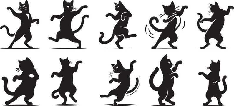 A cat silhouette doing the cha cha, paws in mid sway vector style shape solid white background