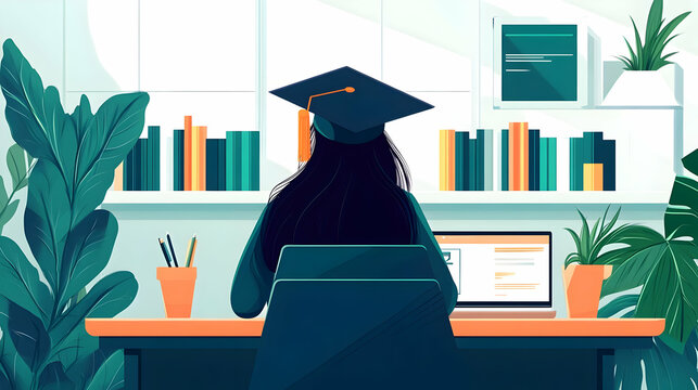 Graduate sitting at a desk with plants and books, focused on study.