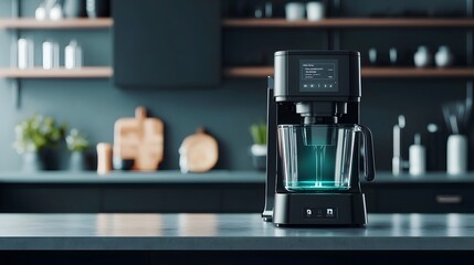 Innovative smart blender with a sleek futuristic design and a glowing holographic display that offers recipe suggestions to streamline meal in a contemporary kitchen setting