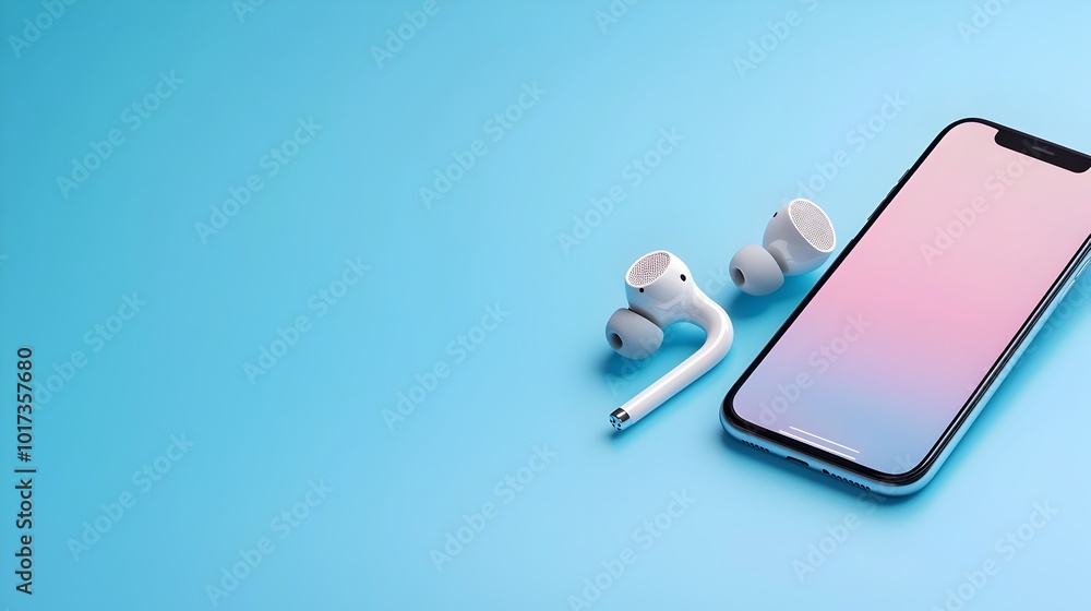 Poster earphones and mobile phone with podcast app open offering a dynamic media and music banner perfect f