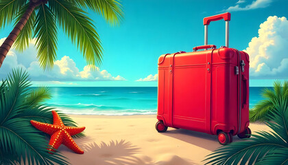Fototapeta premium red suitcas beach tropical palm