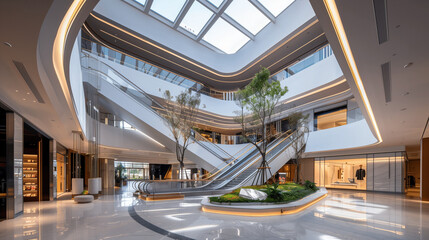A modern luxury shopping mall featuring contemporary design and high-end brands. 