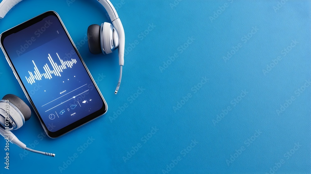 Poster earphones next to a mobile phone displaying a podcast app perfect for a futuristic broadcast media b