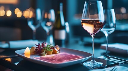 Naklejka premium Holographic Wine Pairing Guide in Luxurious Futuristic Fine Dining Setting with Glowing Interactive Interface Sleek modern and sophisticated ambiance with floating wine bottle and stemware display
