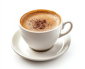 Closeup of a cup of coffee with foam and cinnamon on top, in a white cup and saucer, isolated on a white background.