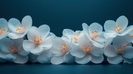White flowers with water droplets on a teal background.
