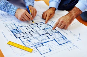 A photo of two people, one holding blueprints and the other pointing at them with their finger on top, with building plans spread out in front showing an apartment floor plan. 