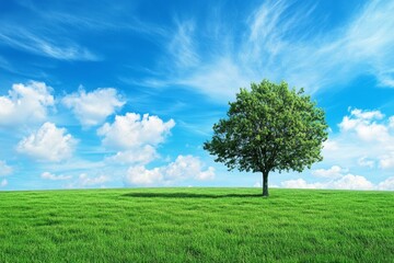 Obraz premium A single tree standing tall in a green field under a blue sky with fluffy white clouds.