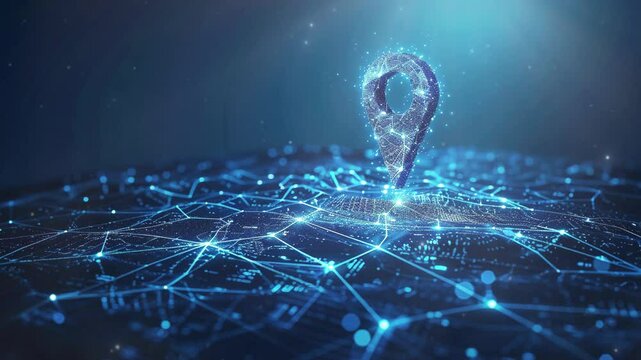 Location pin in low polygonal wireframe, geometric technology concept isolated blue light background