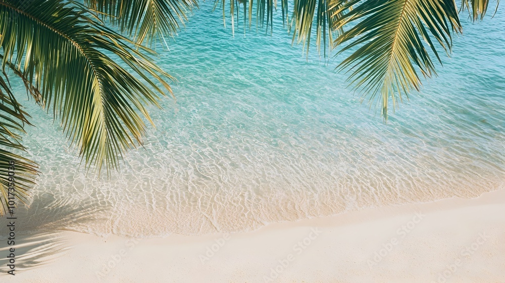 Aufkleber tranquil top down view of a calm beach scene with subtle palm tree shadows clear azure water and a s