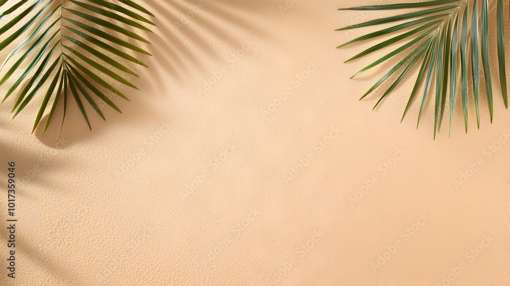 Poster minimalist abstract top view of beach sand with soft palm leaf shadows and gentle waves serene monoc