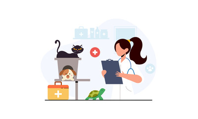 Pet veterinarian concept. Veterinary doctor checking and treating illustration