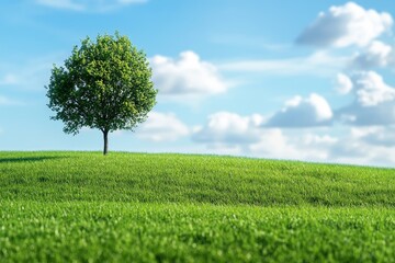 Obraz premium A single tree on a green grassy hill with a blue sky and white clouds.