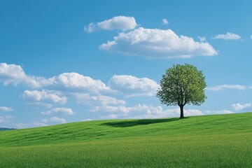 Obraz premium A single tree stands tall on a grassy hill with a blue sky and fluffy clouds above.