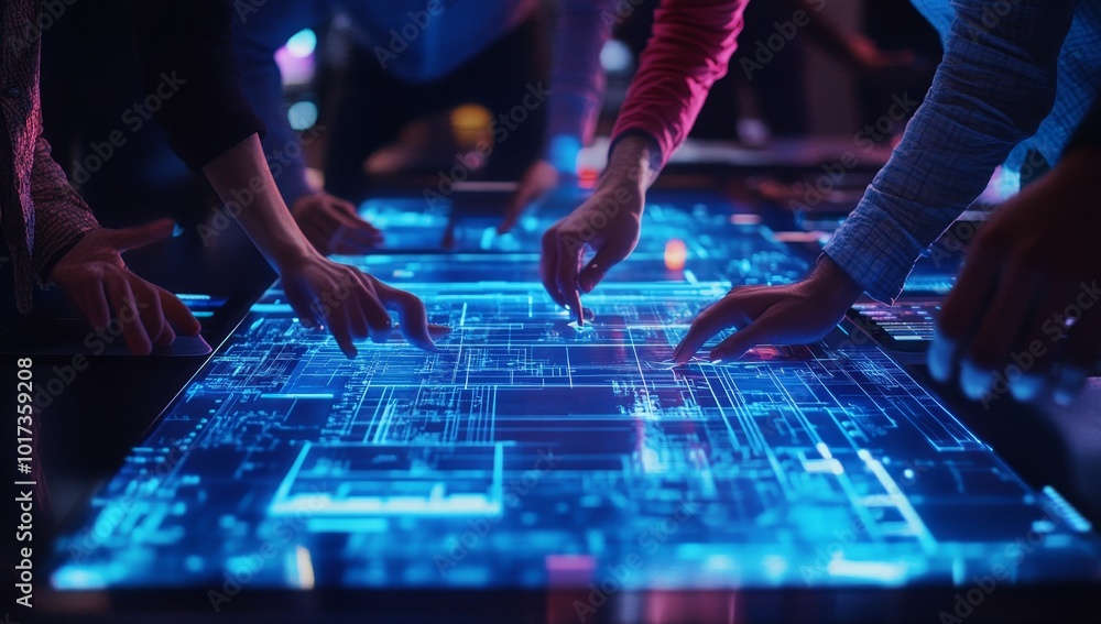 Aufkleber hands interacting with a glowing blue digital interface.
