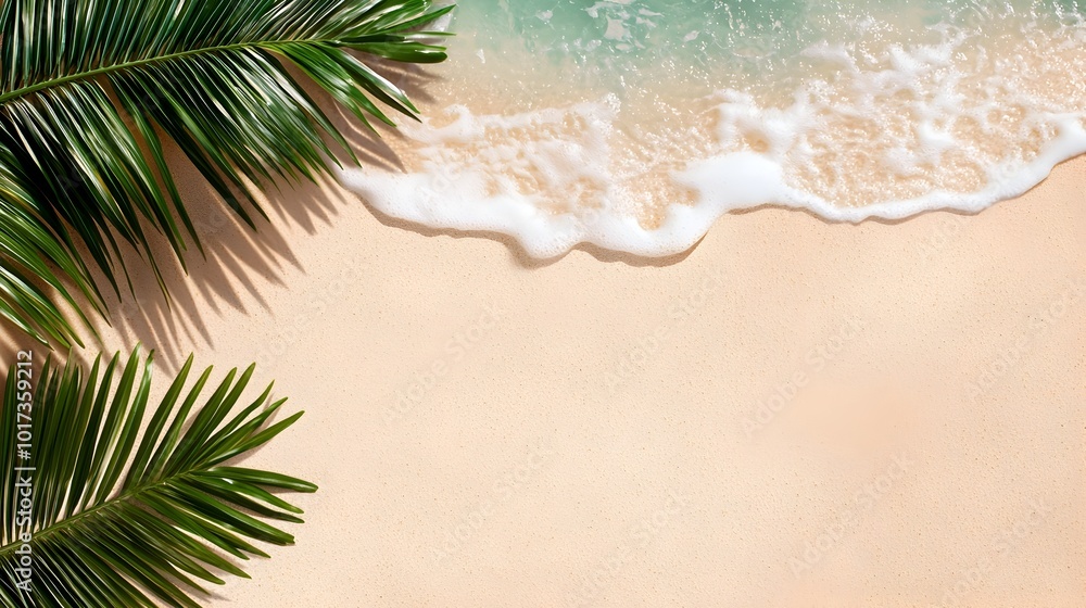 Poster serene and minimalist top view of an empty sand beach with soft palm leaf shadows and clear water wa