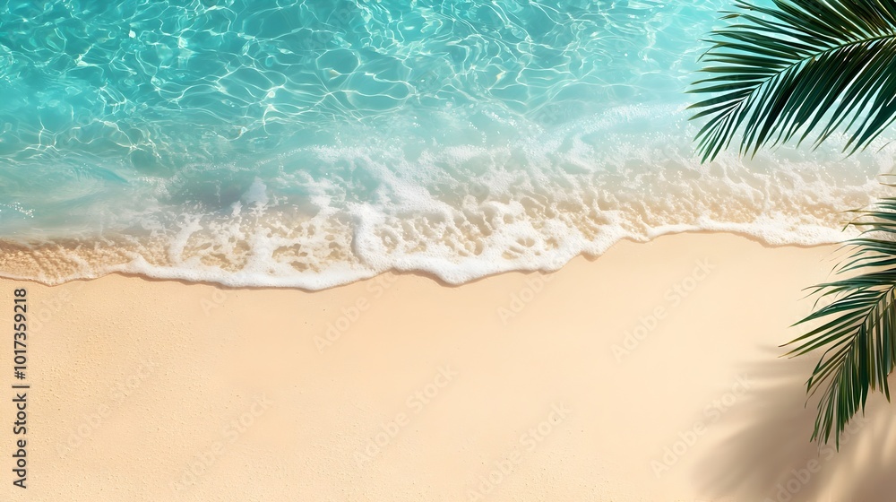 Poster tranquil and serene sand beach with soft palm leaf shadows and clear water waves providing a calming