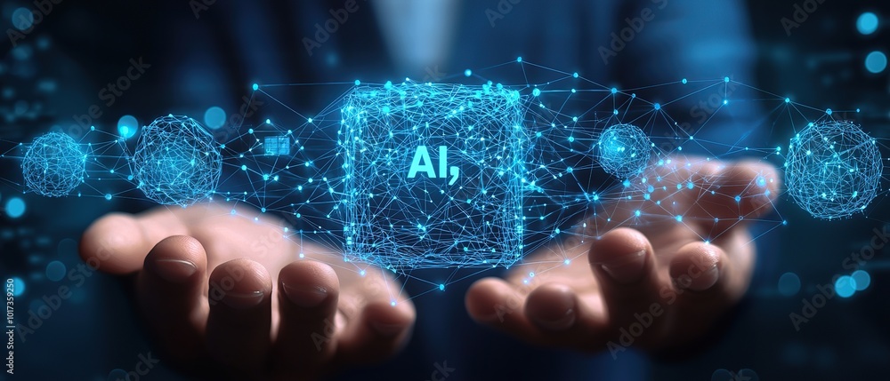 Poster hand holding a glowing digital cube with the word 