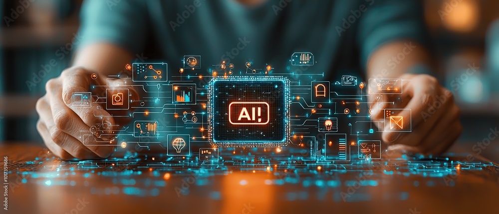 Poster man's hand interacting with a futuristic ai interface.