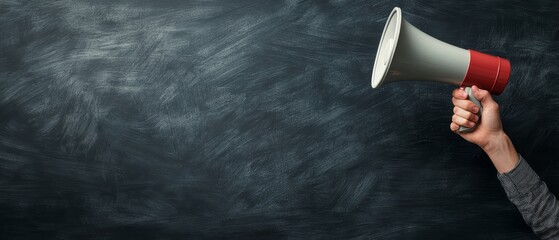 A hand holding a megaphone with the background of a chalkboard.